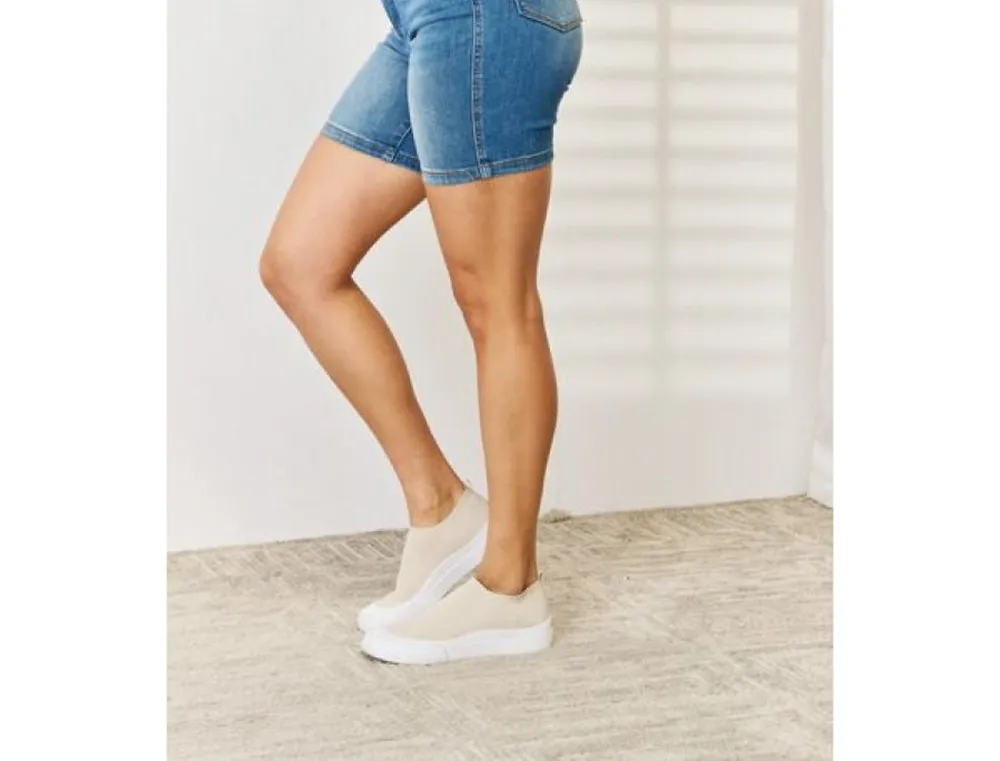 Plus Size Tummy-Control Double Button Bermuda Denim Shorts