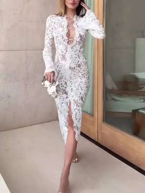 V Neck Tie Strap Lace Midi Dress