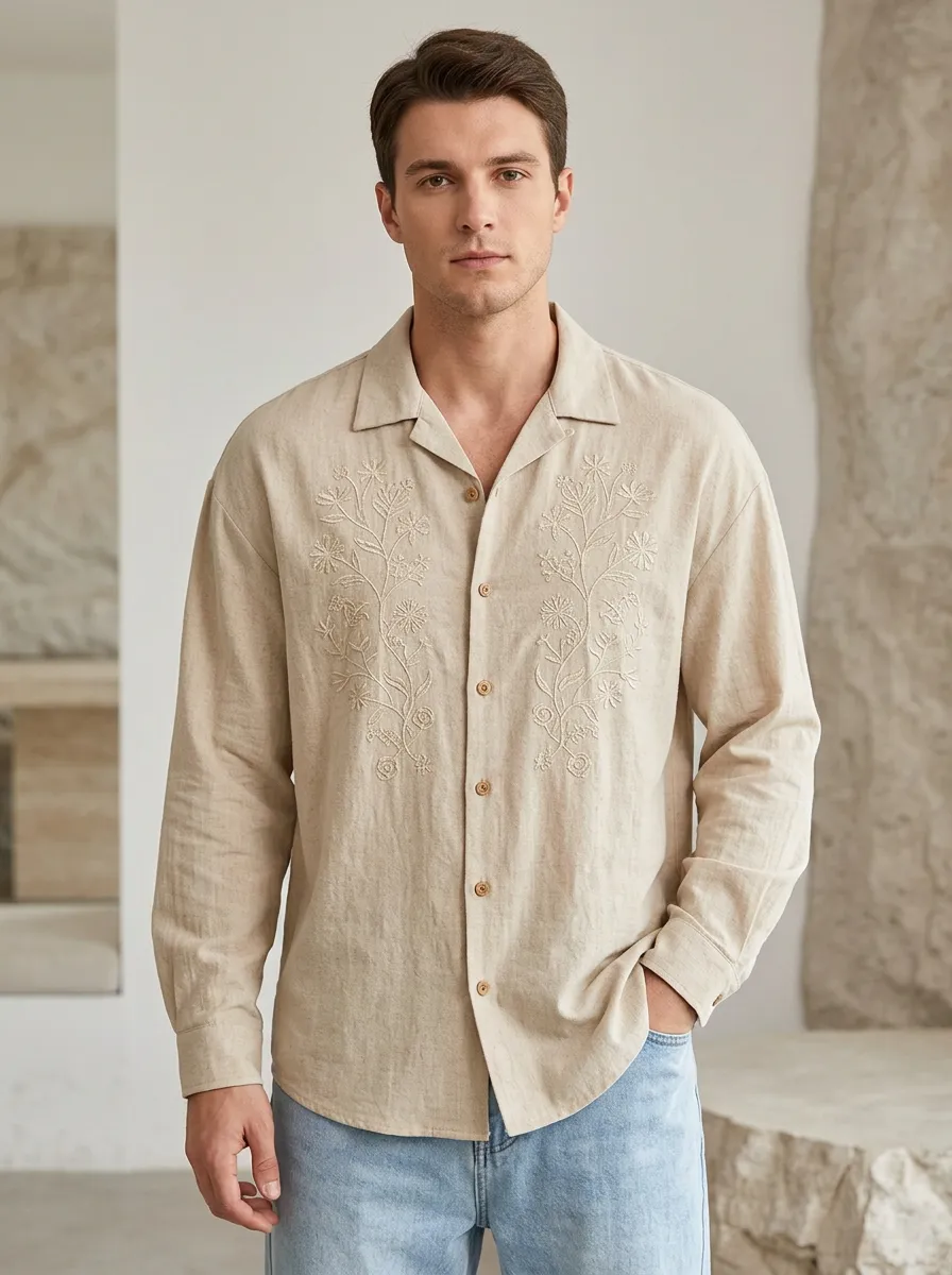 Men's Long Sleeve Floral Embroidered Linen Shirt