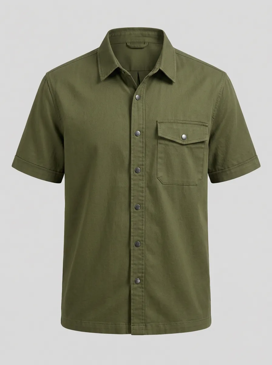 Men's Casual Outdoor Olive Green Snap Button Short Sleeve Shirt