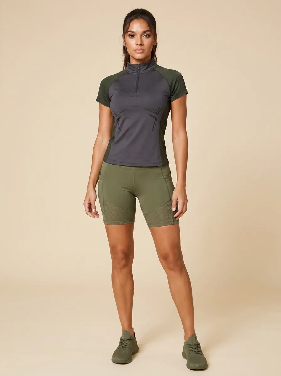 Women's Olive Green Athletic Quarter-Zip Printed Yoga Set