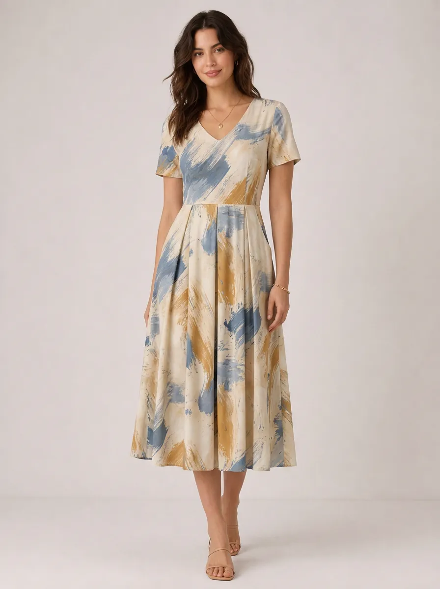 Women's Abstract Brushstroke Pattern Printed V-Neck Dress
