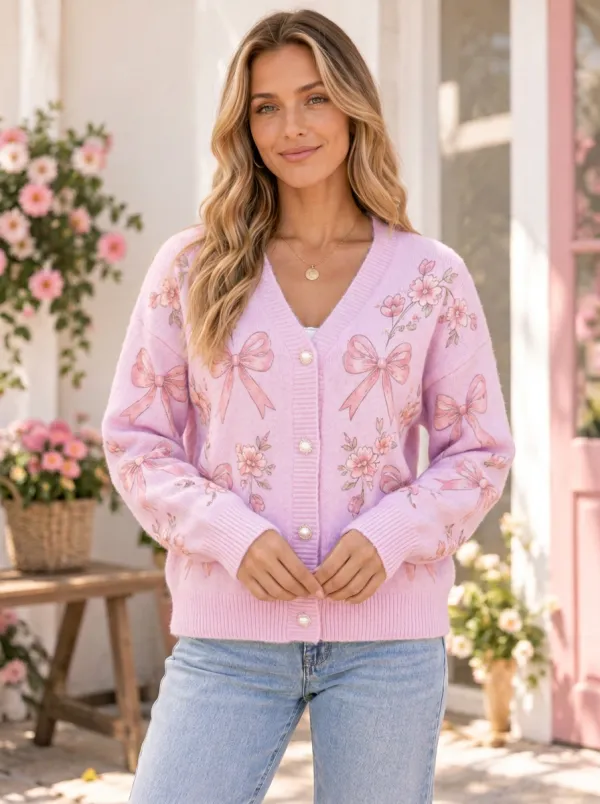 Women's Charming Floral Coquette Ribbon Bow Printed Cardigan