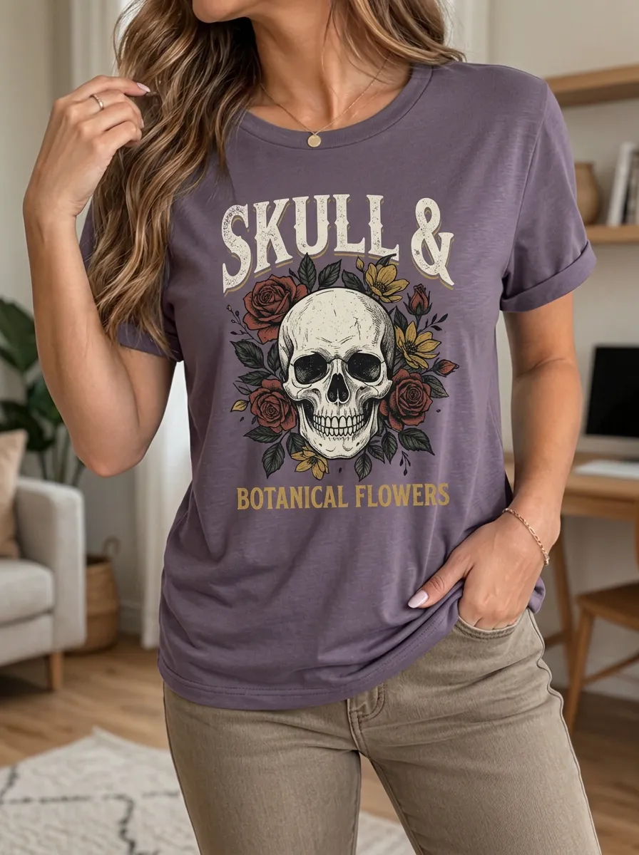 Women's Halloween Gothic Skull Botanical Flowers Printed T-shirt