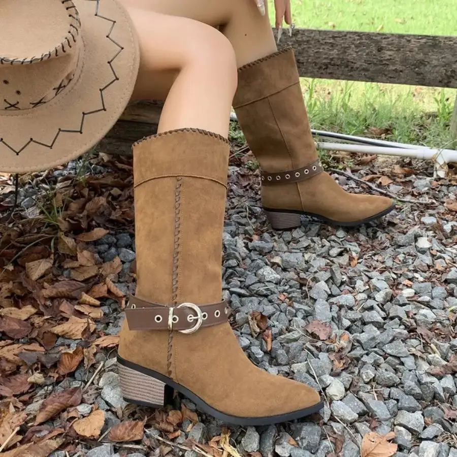 Simple Point Toe Block Heels Boots