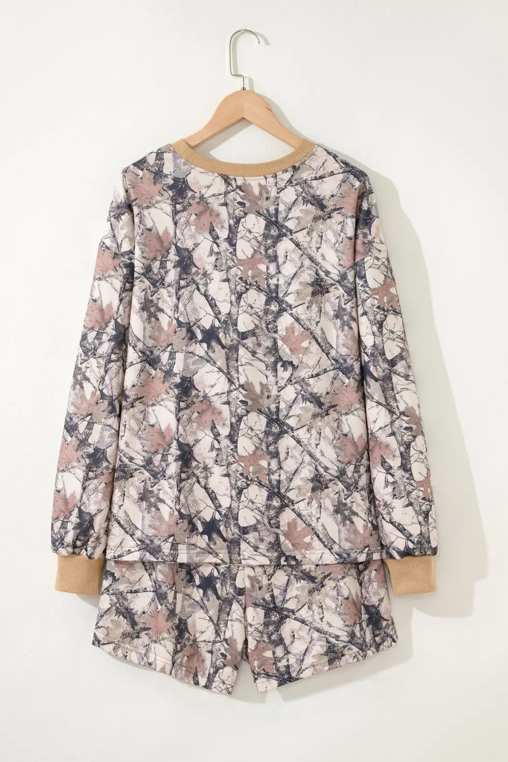 Women's Woodland Camo Print Long Sleeve Top Casual Short Set