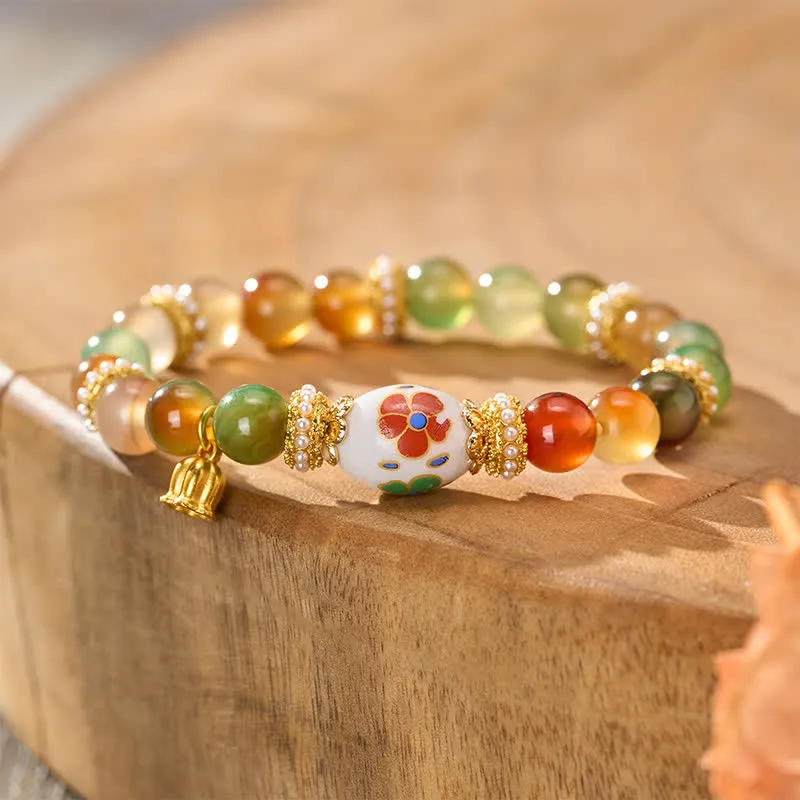 Natural Peacock Agate Ceramic Barrel Bead Lotus Bracelet