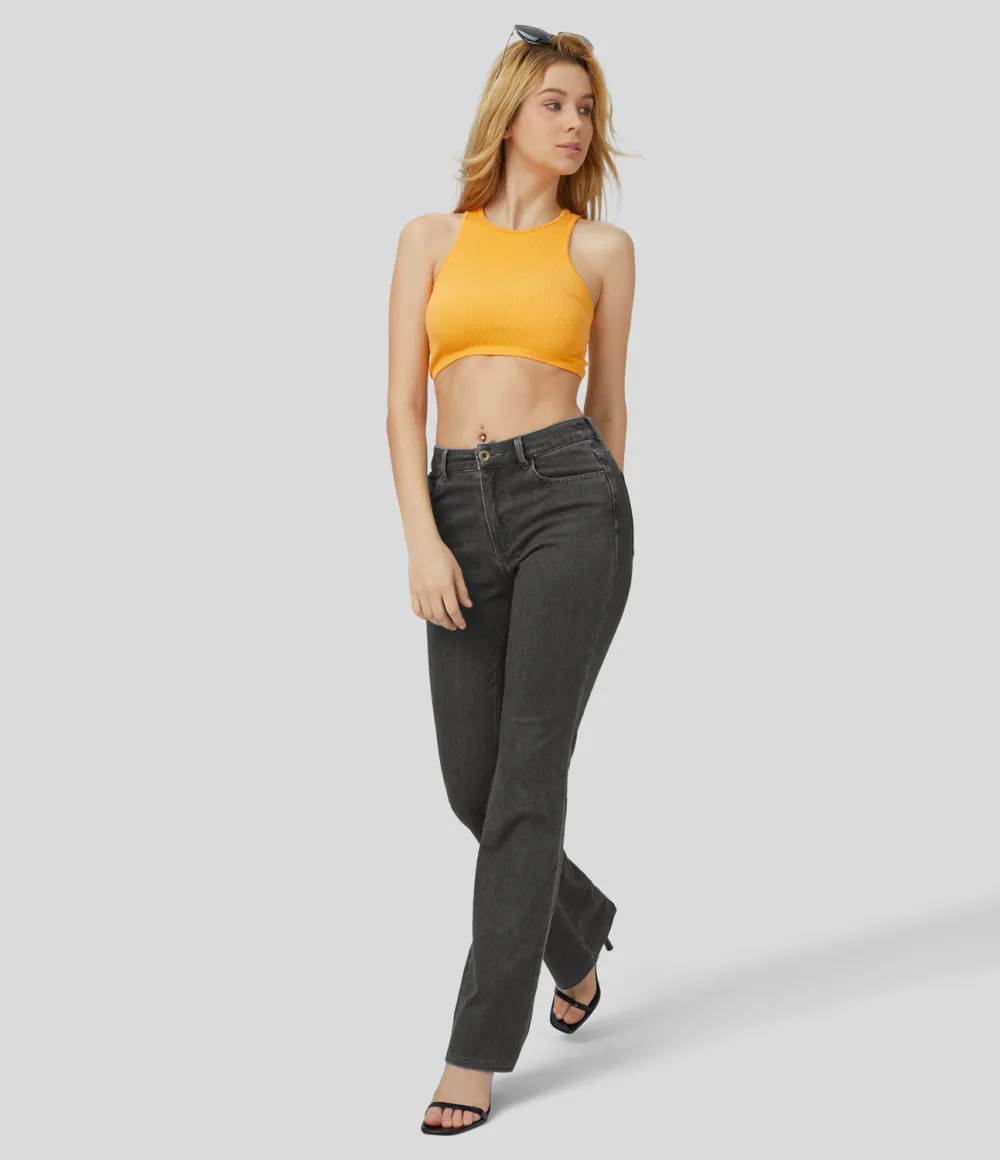 Magic Mid Rise Button Pockets Stretchy Knit Casual Bootcut Jeans