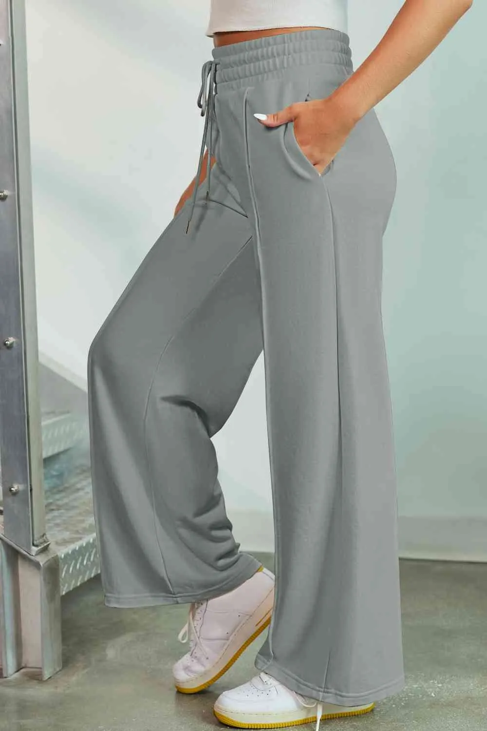 Polished Drawstring Wide Leg Pants With Pocket