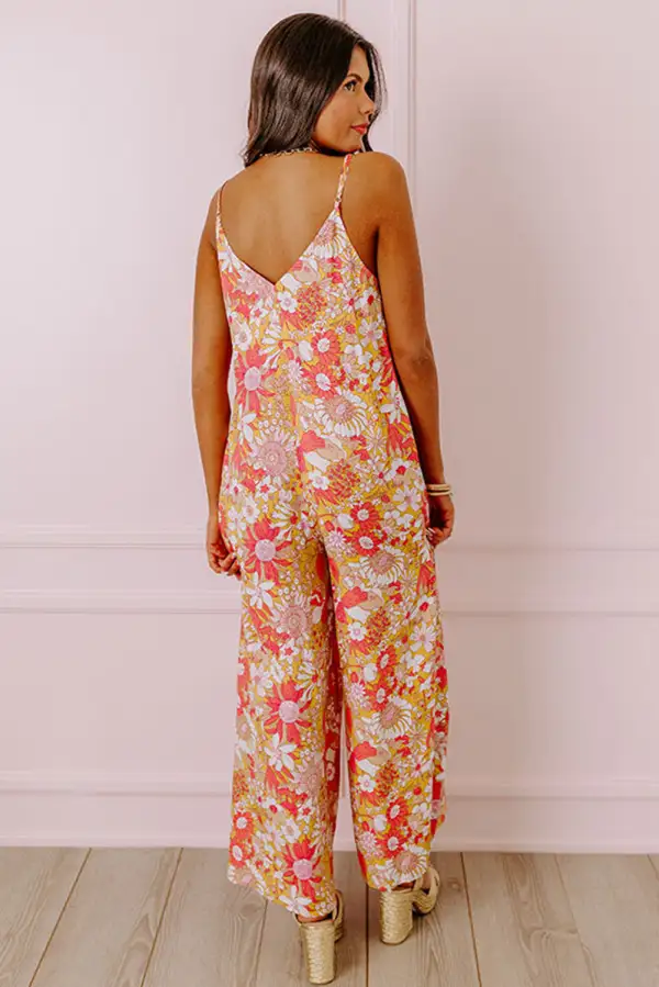 Floral V Neck Wide Leg Sleeveless Jumpsuit