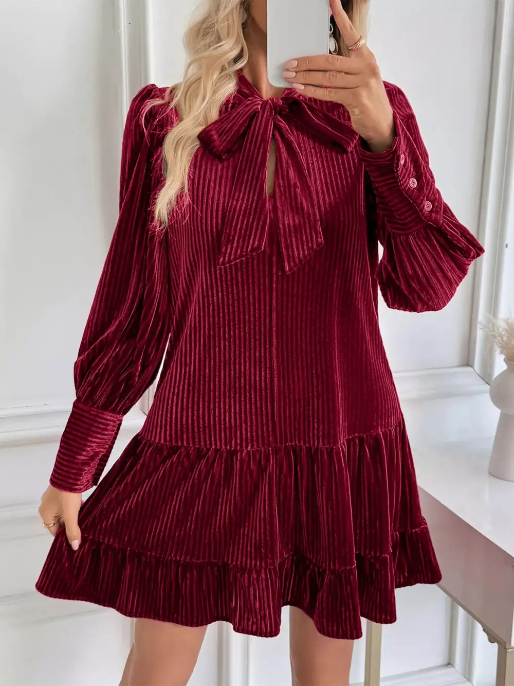 Gathered Detail Velvet Tiered Mini Dress