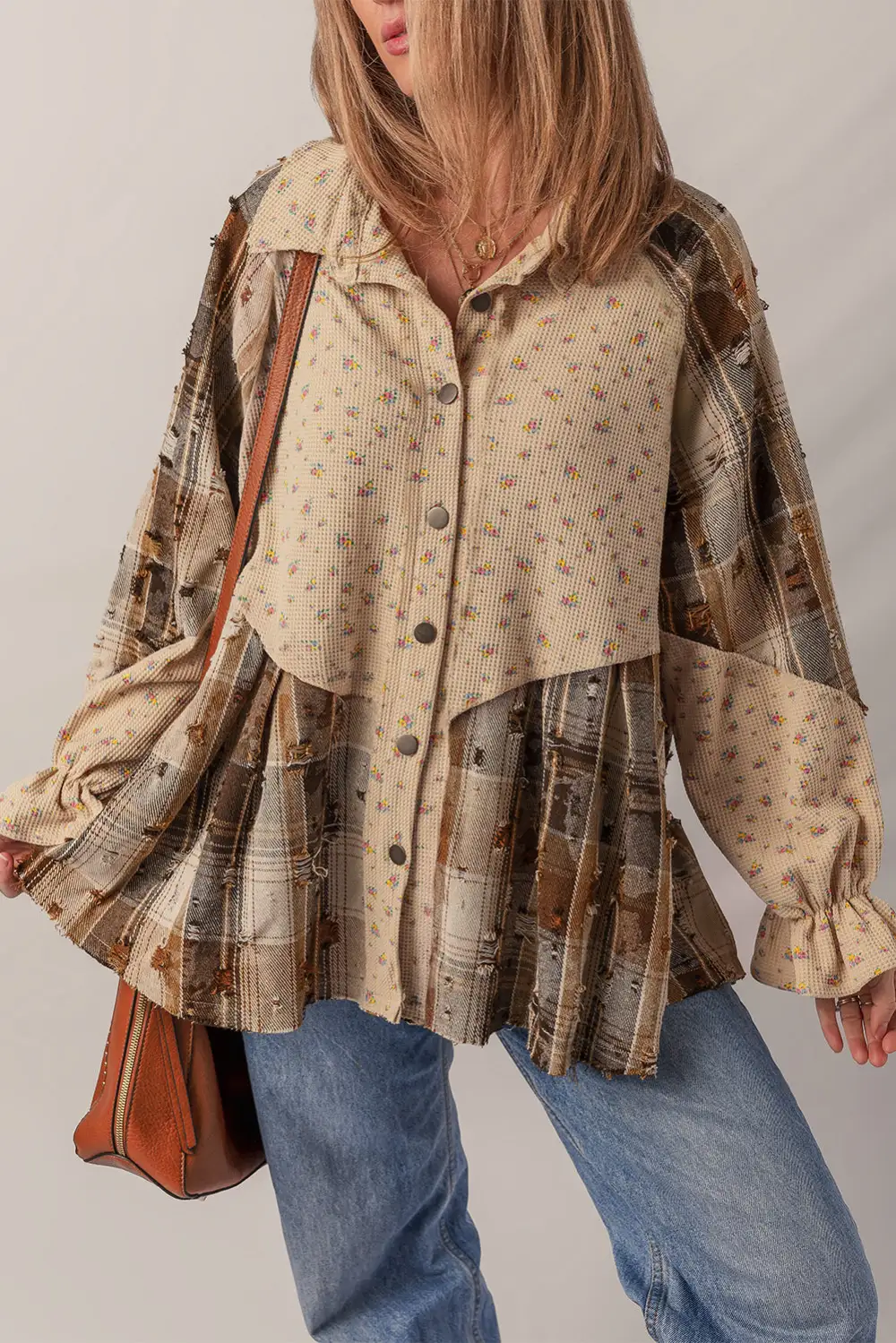 Women's Boho Floral Plaid Patchwork Distressed Detail Ruffled Sleeve Waffle Knit Shacket