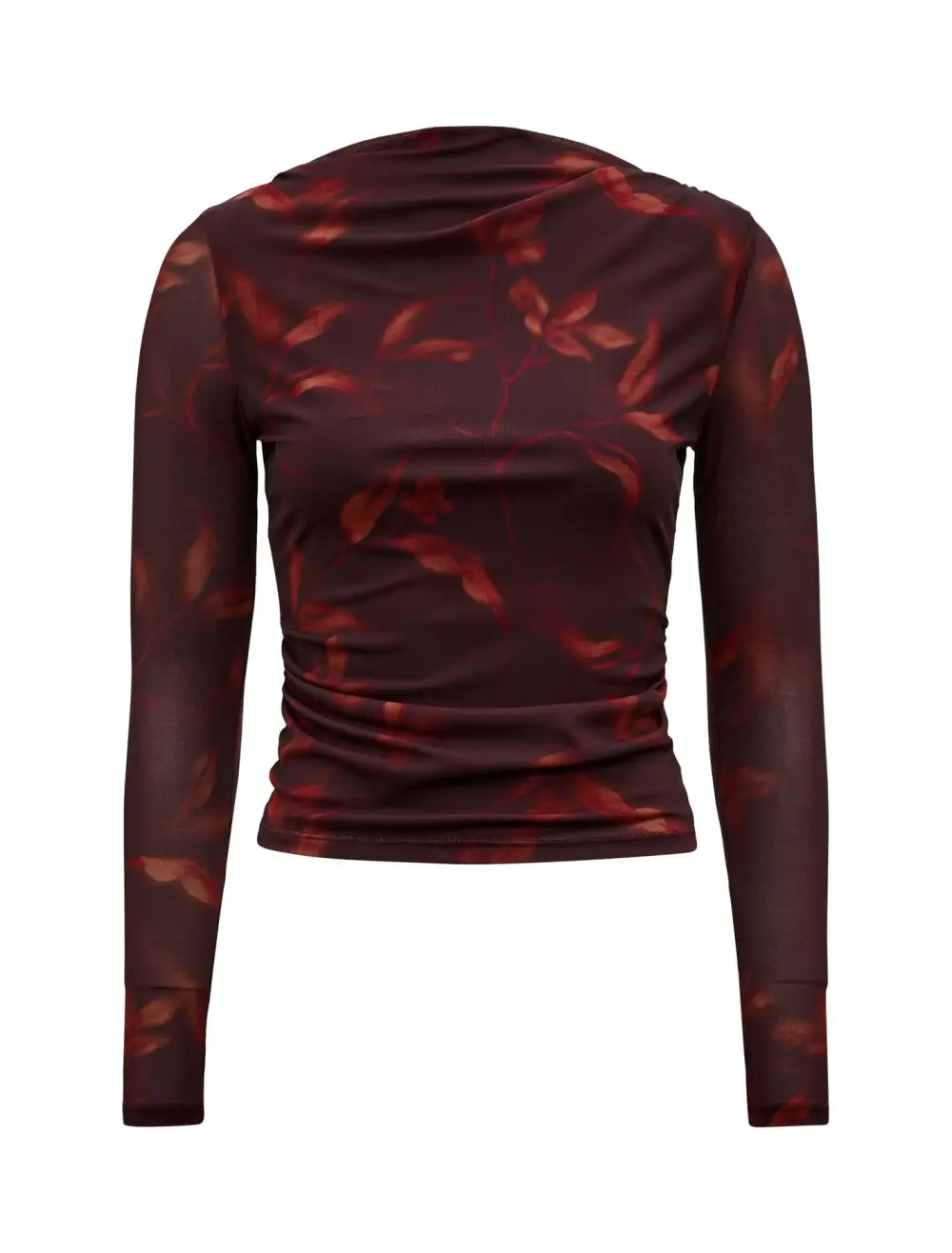 Burgundy Floral Print Mesh Long Sleeve Top
