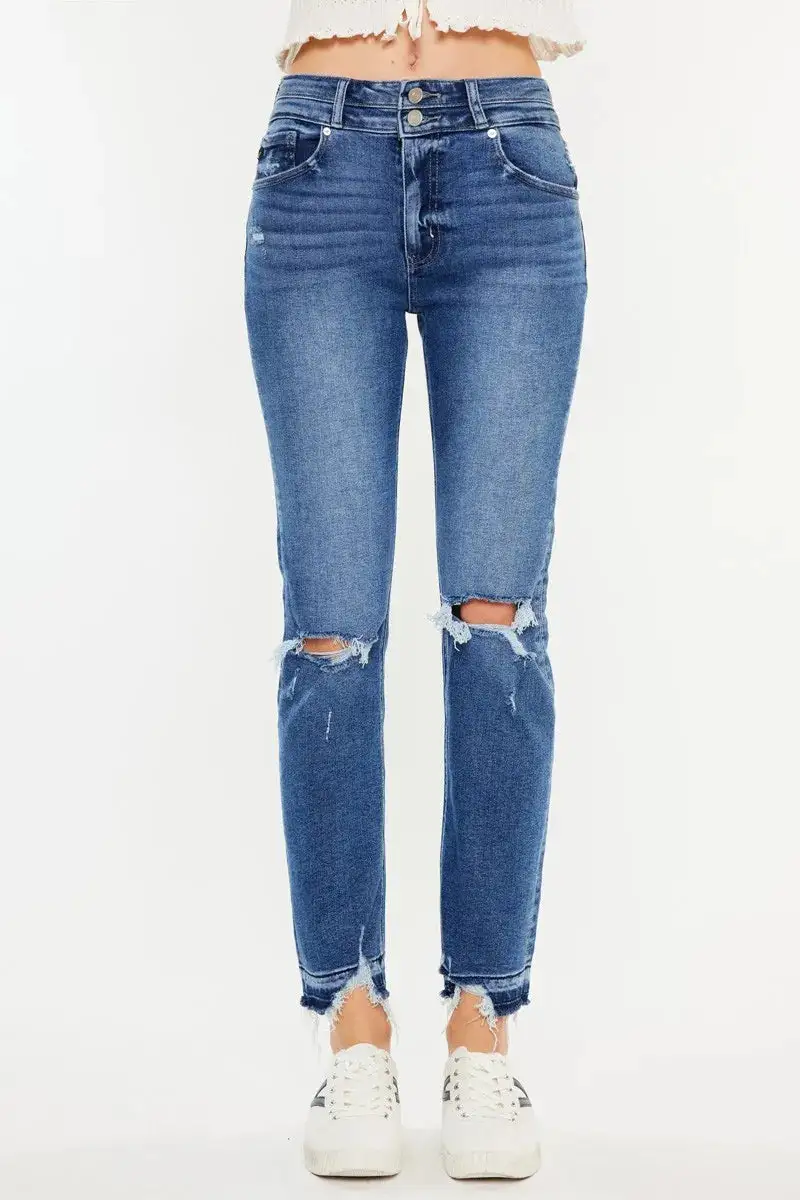 Textured High Waist Straight Leg Distressed Denim Jeans
