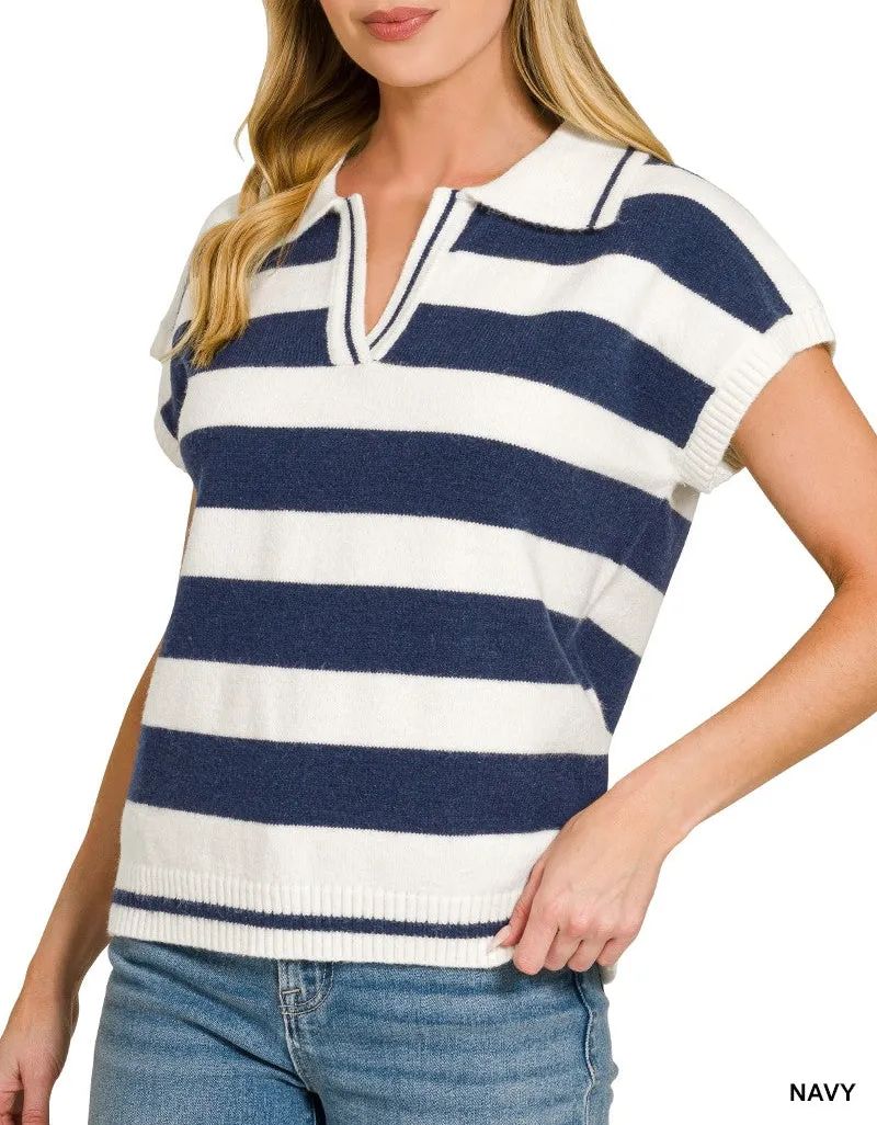 Short Sleeve Collared Ribbed Sweater