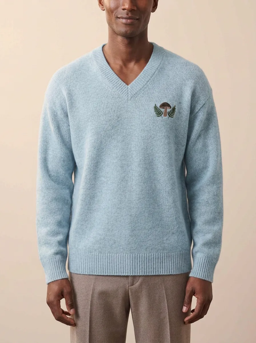 Men's Mushroom Fern Embroidered Heathered V-Neck Sweater