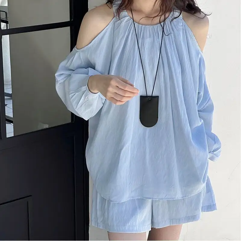 Drop Shoulder Long Sleeve Shirt A-Line Shorts Set