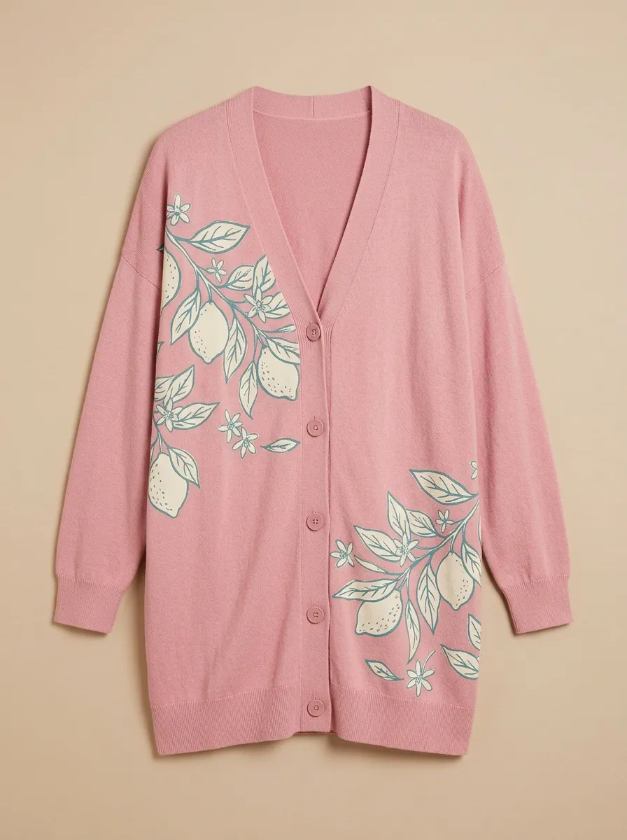 Women's V-Neck Graphic Ribbed Knitted Cardigan