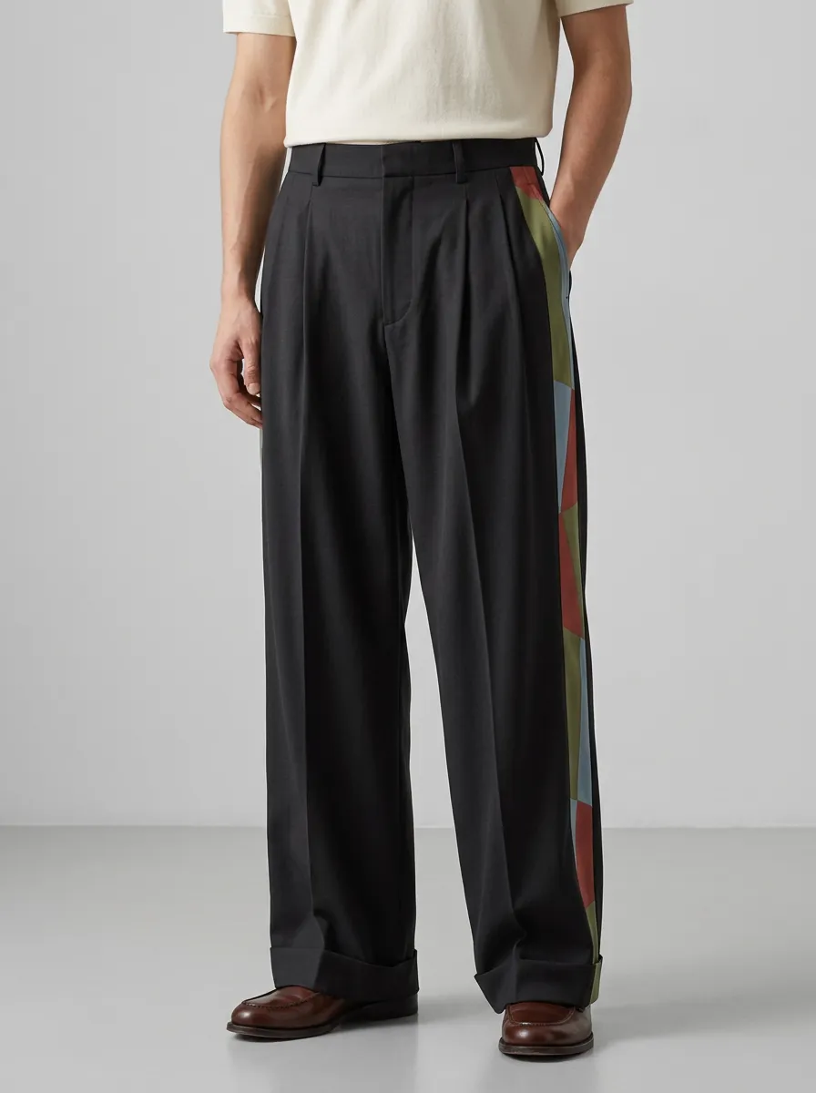 Men's Geometric Colorblock Side Printed Wide Leg Trousers