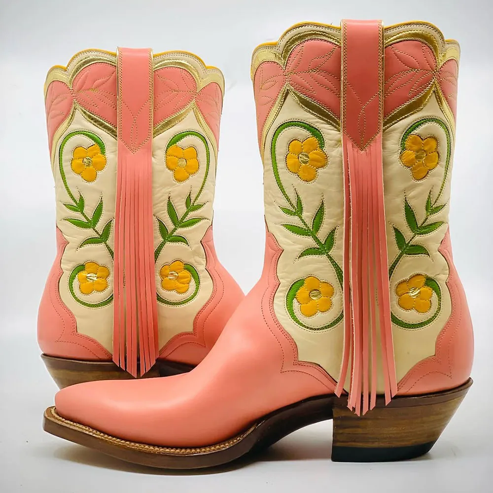Modern Faux-Leather Embroidered Floral Snip-Toe Western Boots