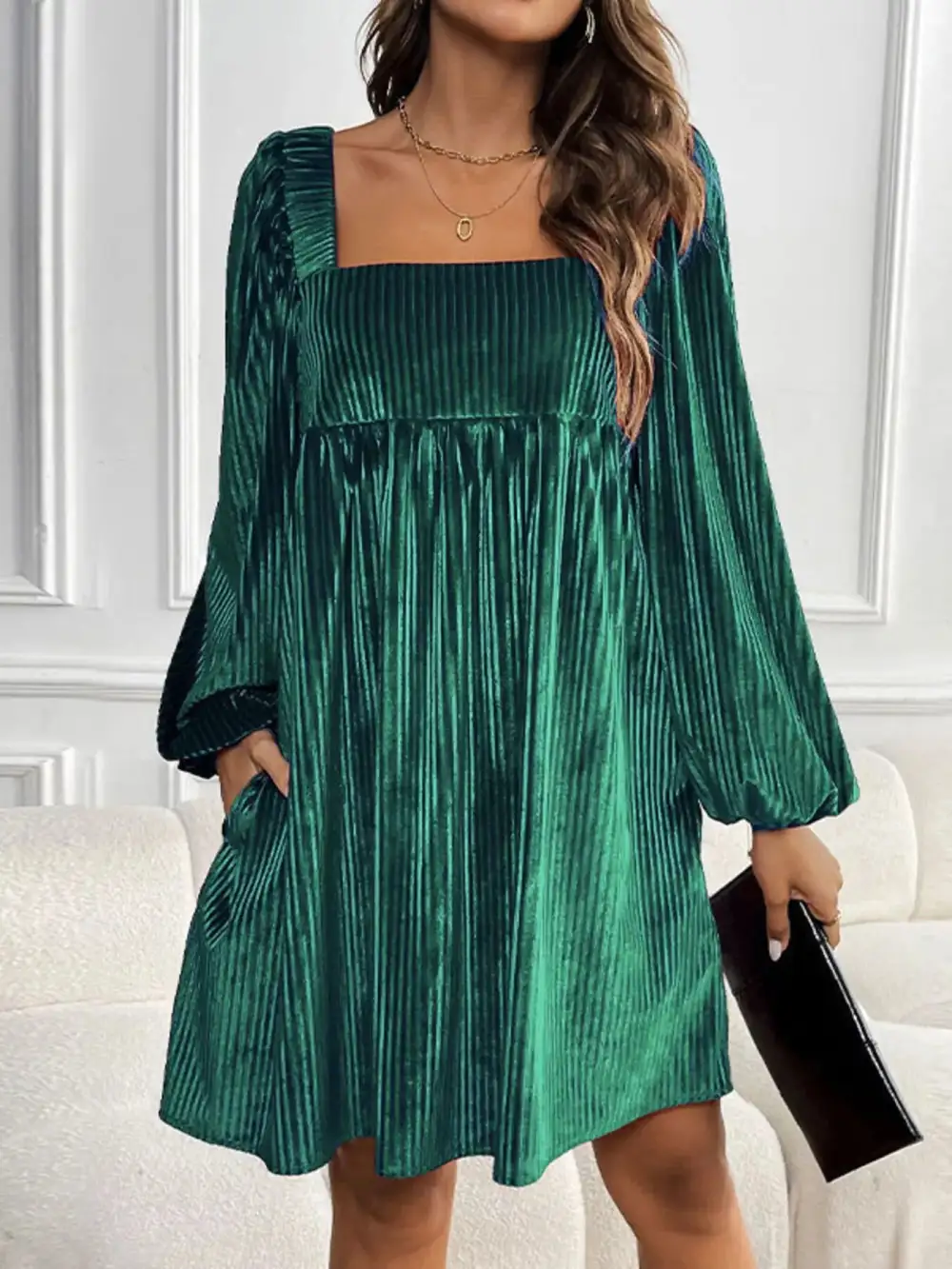 Soft Touch Velvet Square Neck Long Sleeve Dress