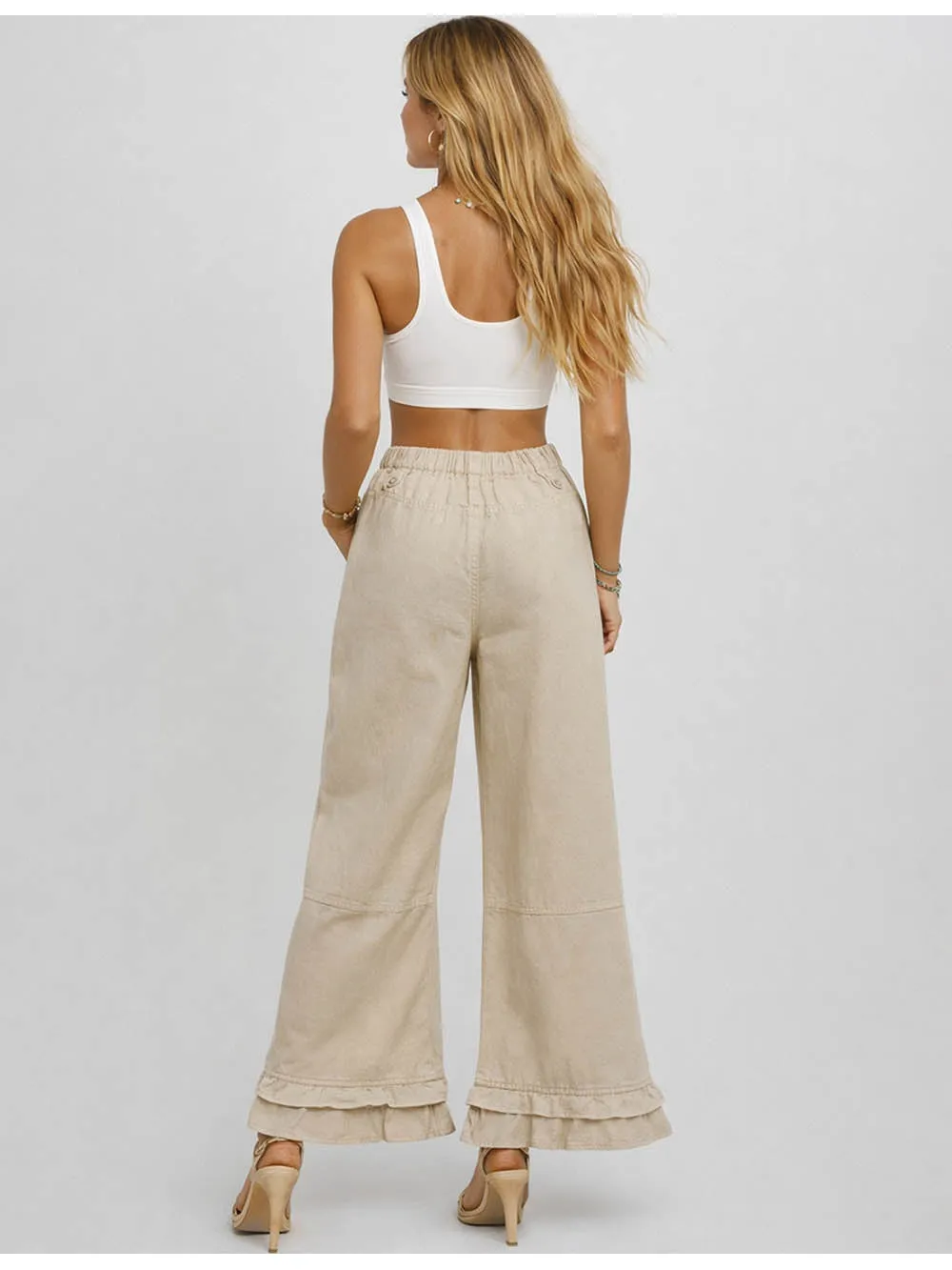 Ruffle Hem Jeans Elastic Waist Wide Leg Denim Pants