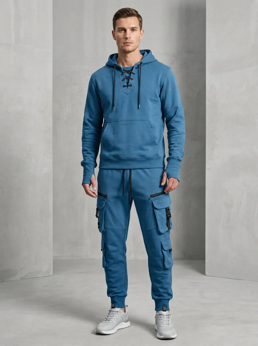 Functional Lace-Up Multi Pocket Modern Look Men's Lace Up Hoodie And Cargo Jogger Set