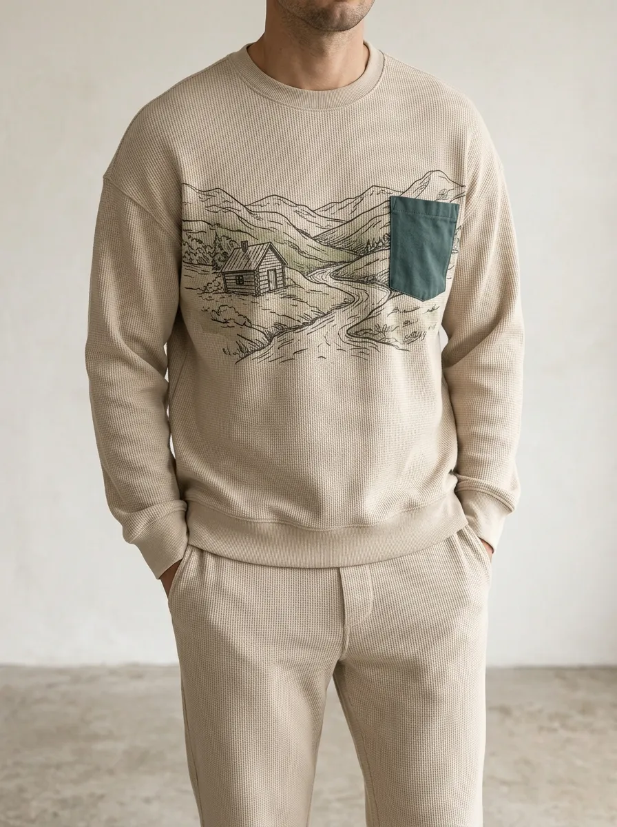 Men's Nature Cabin Landscape Printed Waffle Knit Crewneck Sweatshirt