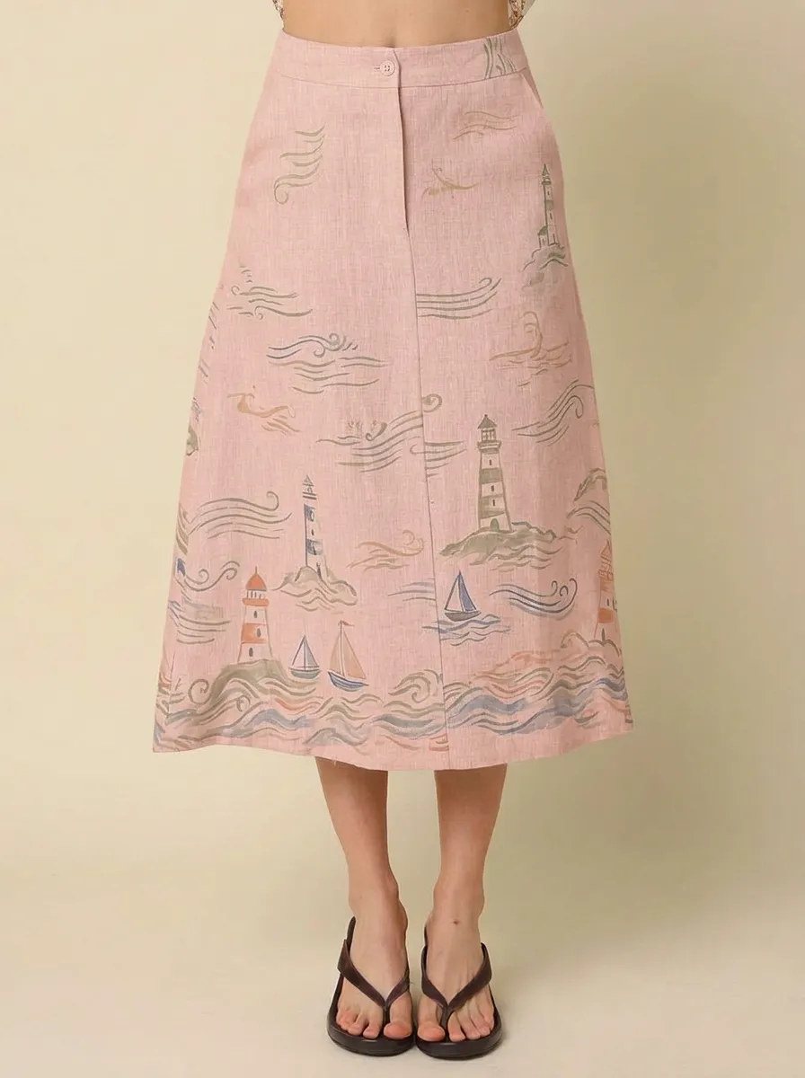 Women's Nautical Lover Lighthouse Sailboat Boho Graphic Midi Skirt