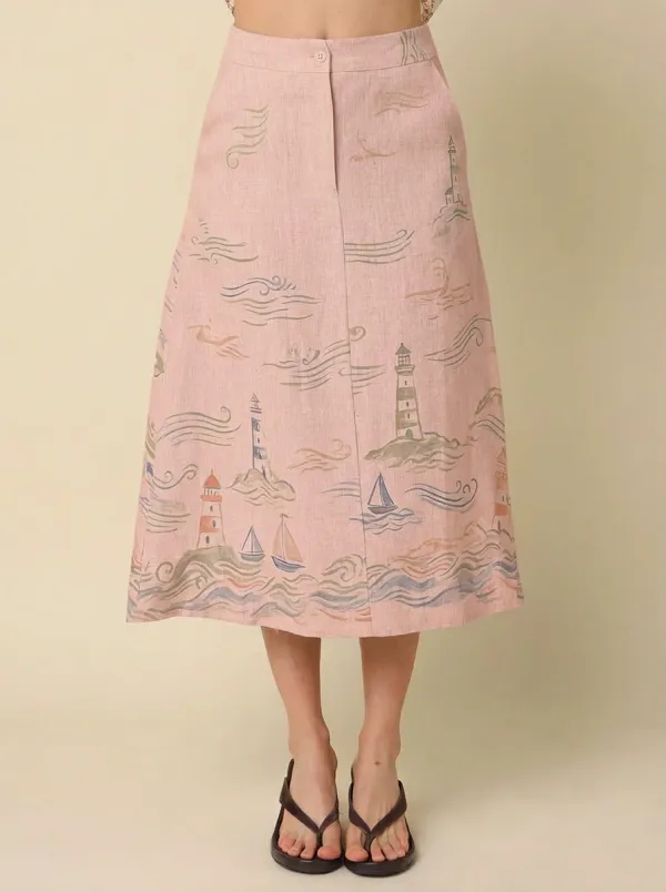 Women's Nautical Lover Lighthouse Sailboat Boho Graphic Midi Skirt