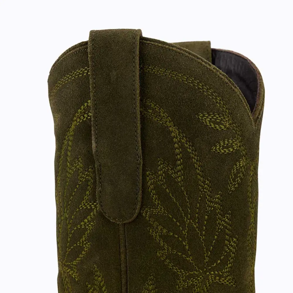 Modern Faux-Suede Embroidered Snip-Toe Chunky-Heel Mid-Calf Boots