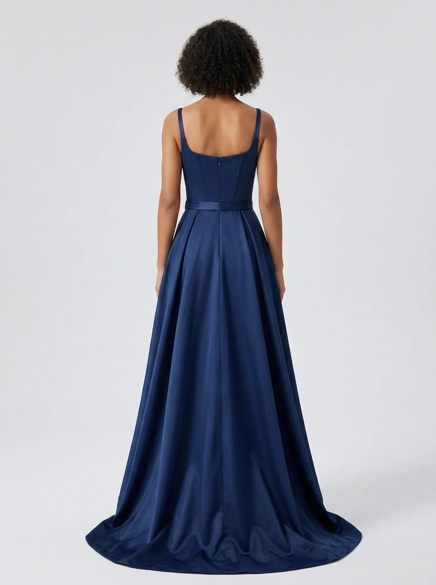 Women's Cowl Neck Belted Satin Maxi Evening Gown