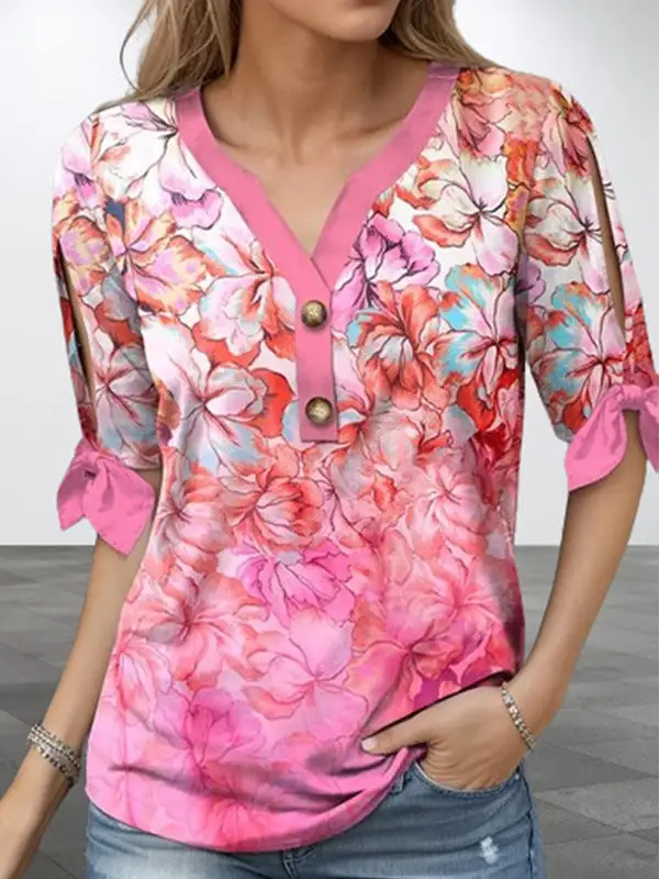 Half Sleeve Relaxed Button Detail Floral Print Tied V-Neck T-Shirt