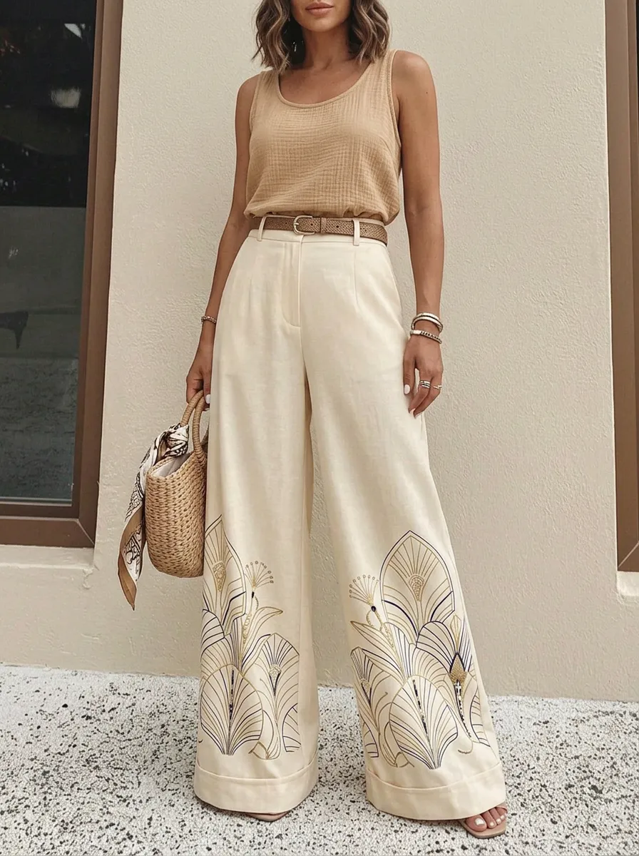 Women's Art Deco Floral Botanical Patterned High-Waisted Wide-Leg Pants