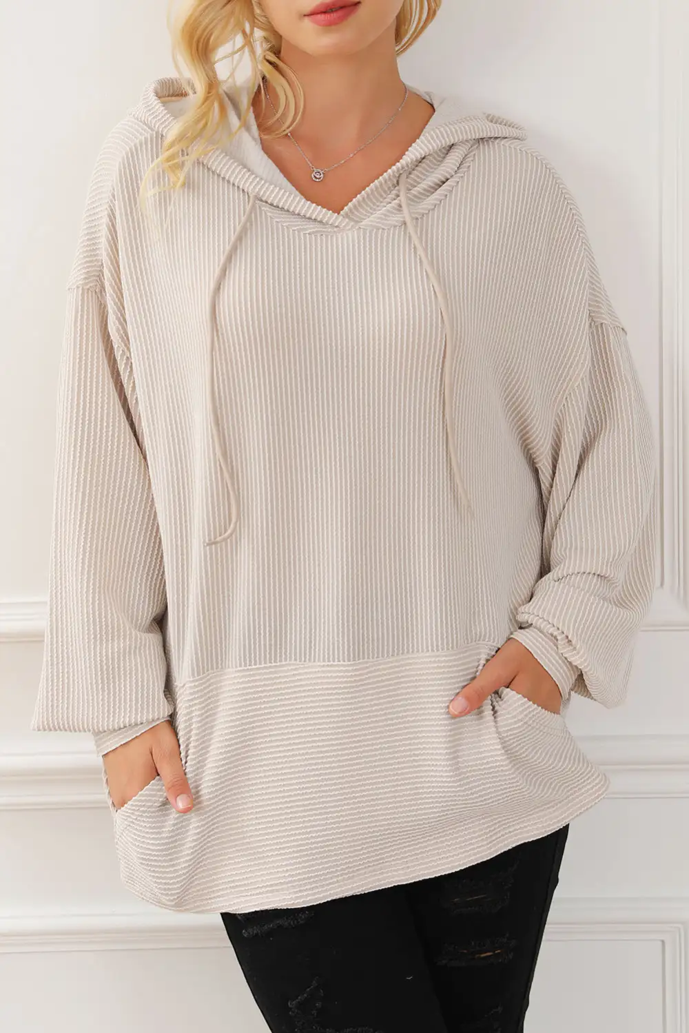 Corded Drop Shoulder Kangaroo Pocket Hoodie
