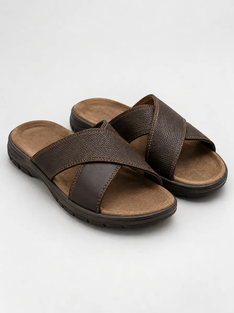 Men's Cross Strap Faux Leather Casual Slides