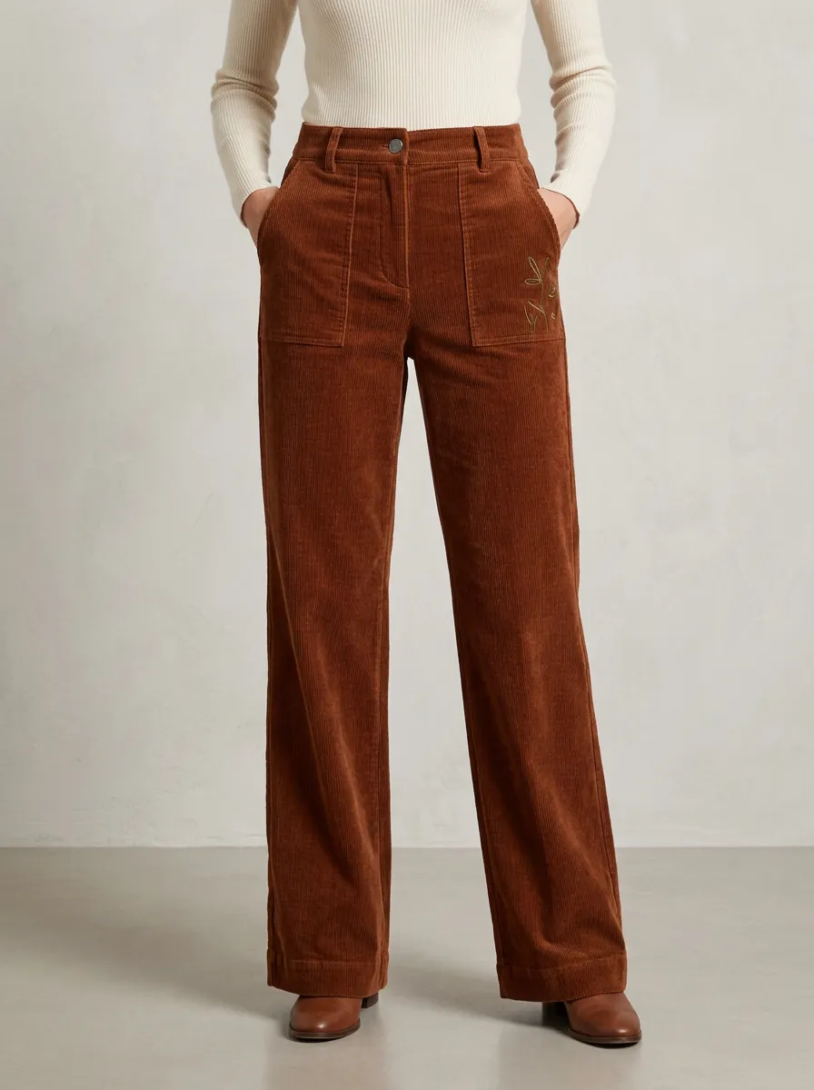 Women's Botanical Minimalist Floral Embroidered Corduroy Pants