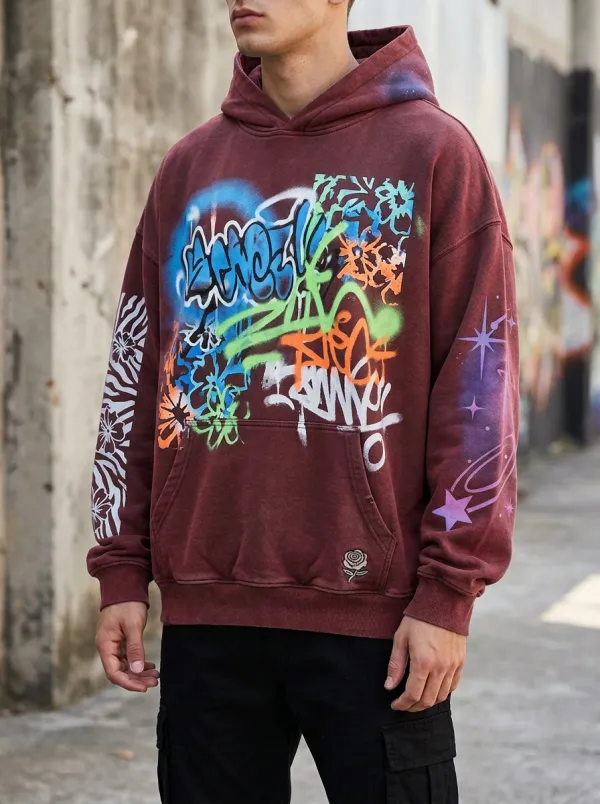 Unisex Graffiti Rose Star Graphic Hoodie