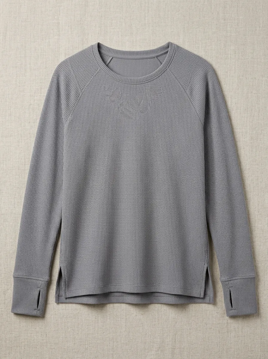 Women's Athletic Fitness Leaf Embroidered Waffle Knit Long Sleeve Top