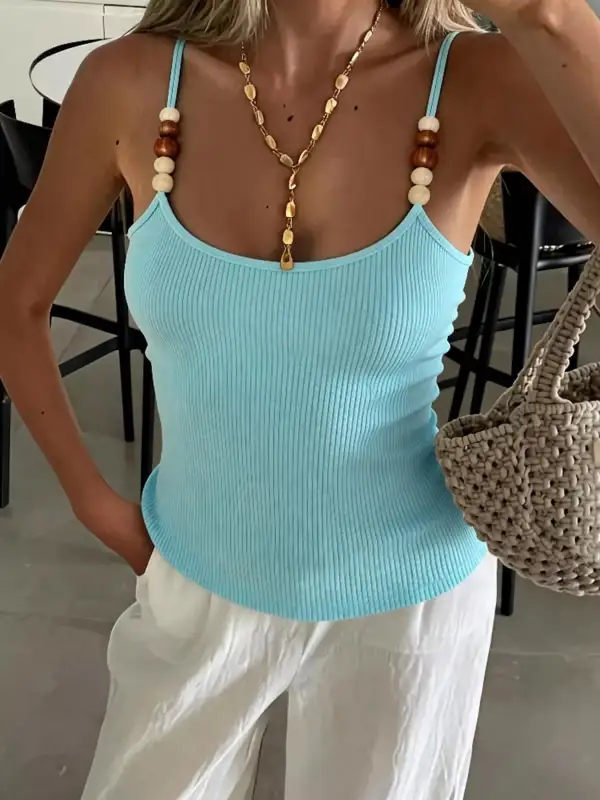 Ribbed Knit Cami With Beaded Straps
