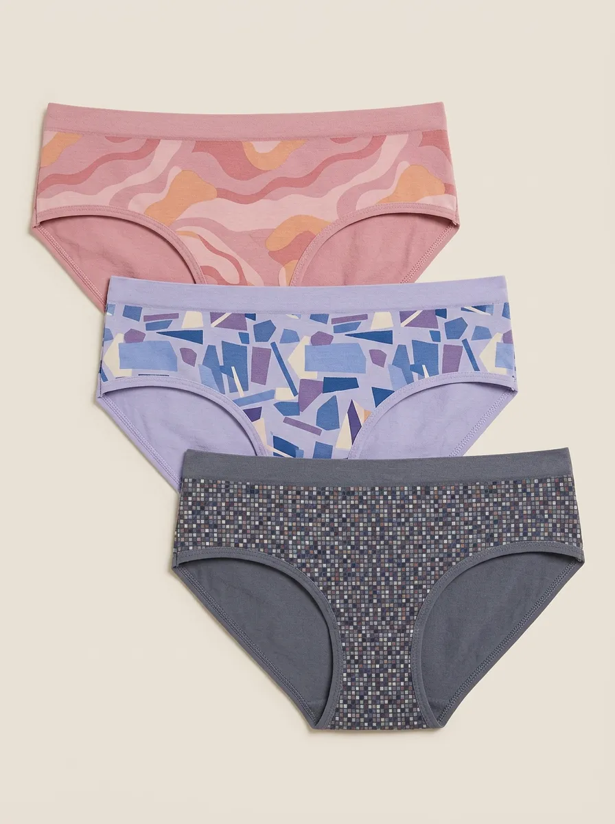 Mid Rise Wave Geometric Block Bikini Printed Briefs Three Pack