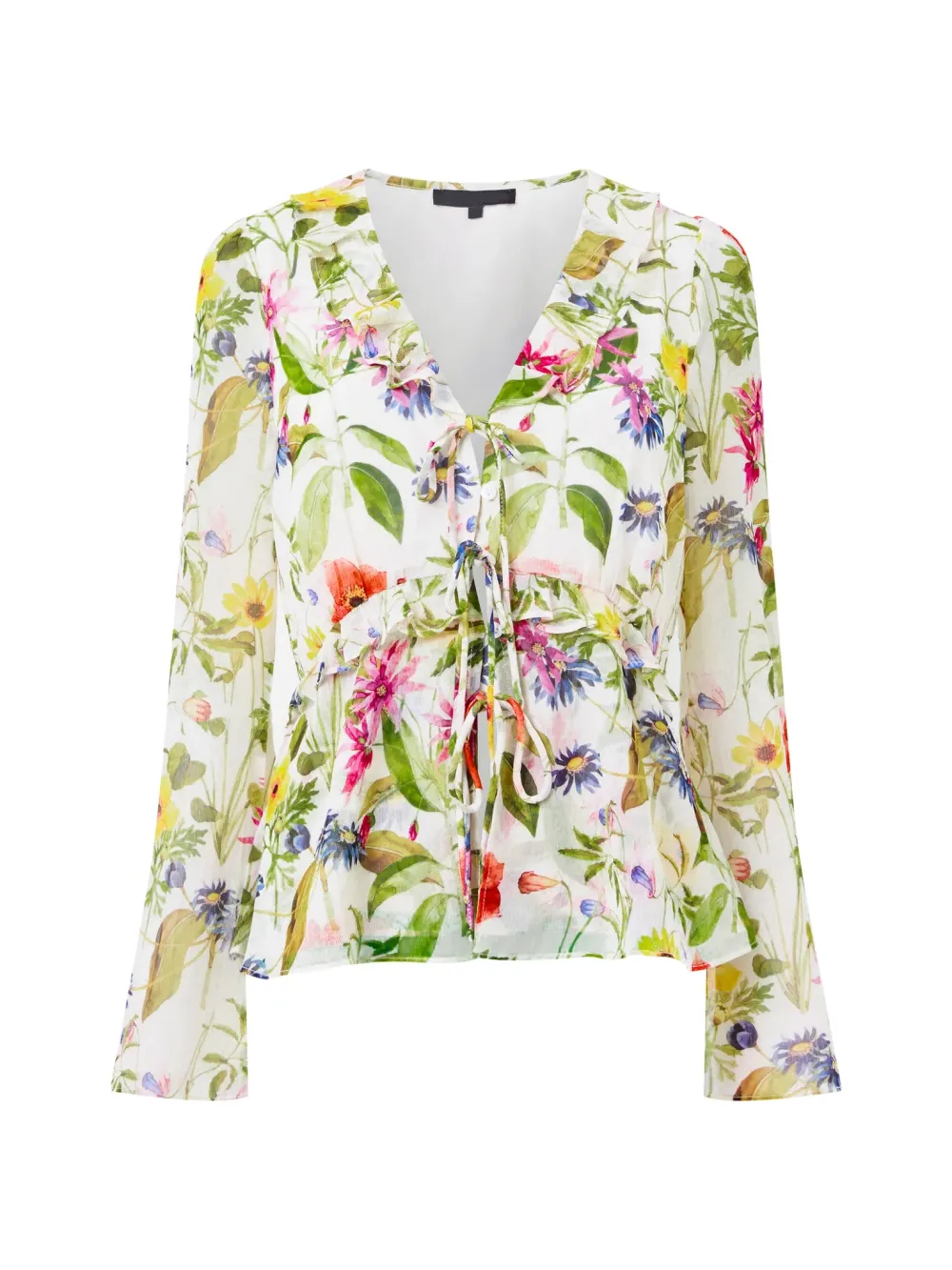 Lightweight Pleated V-Neck Tie Long Sleeve Shirt