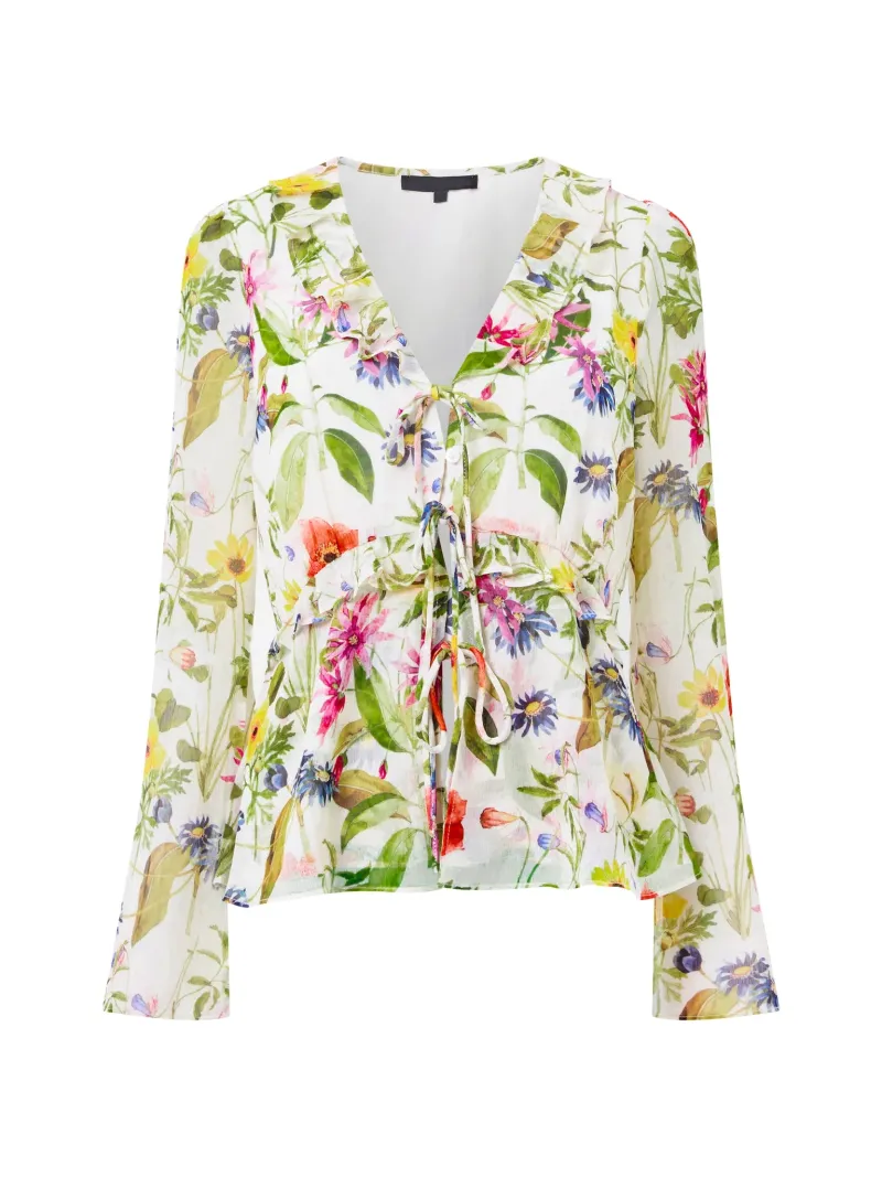 Lightweight Pleated V-Neck Tie Long Sleeve Shirt