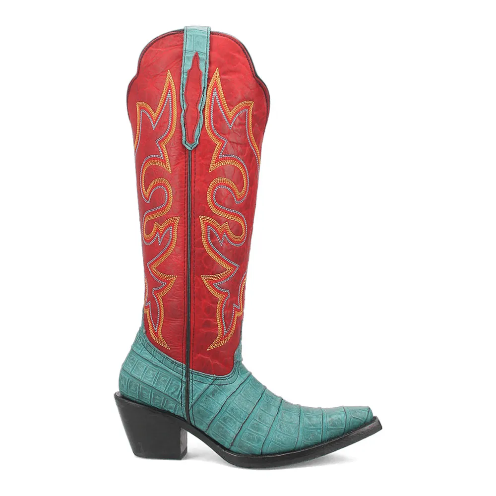 Faux-Leather Crocodile-Embossed Embroidered Snip-Toe Mid-Calf Boots