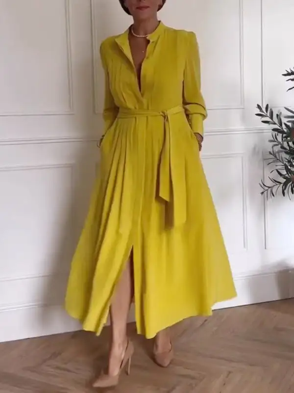 Pleated Buttoned Long Neck Maxi Dress