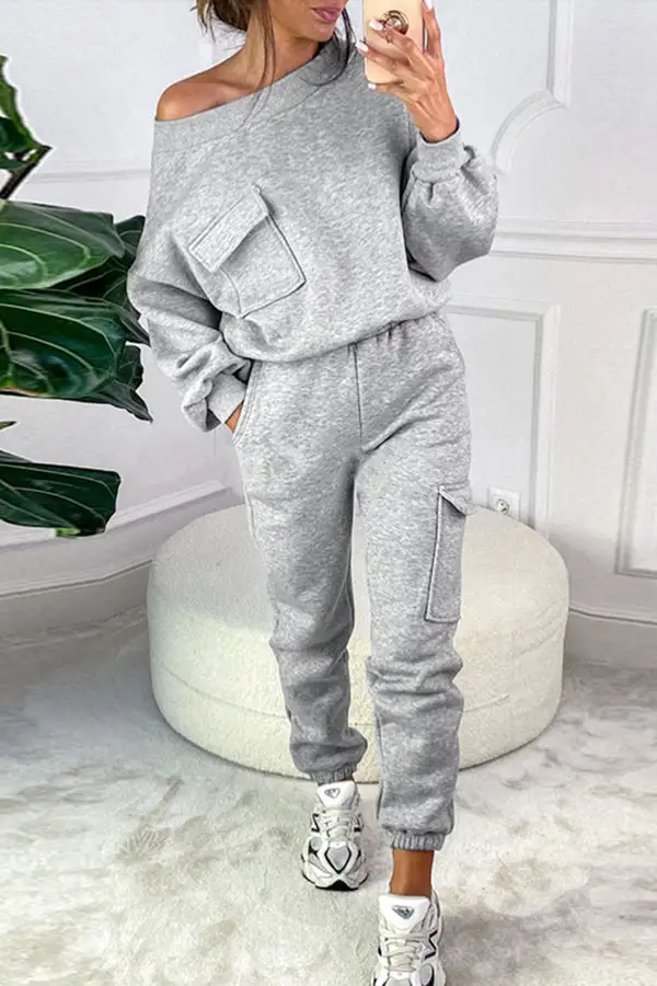Grey Pocket Slash-Neck Pant Set