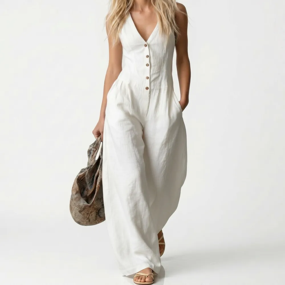Button Front Wide Leg Jumpsuit