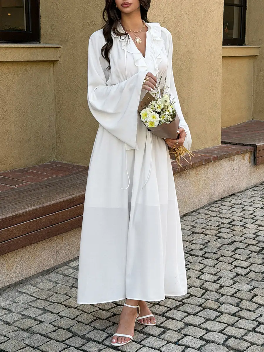 Pleated Ruffled Long Neck Maxi Dress