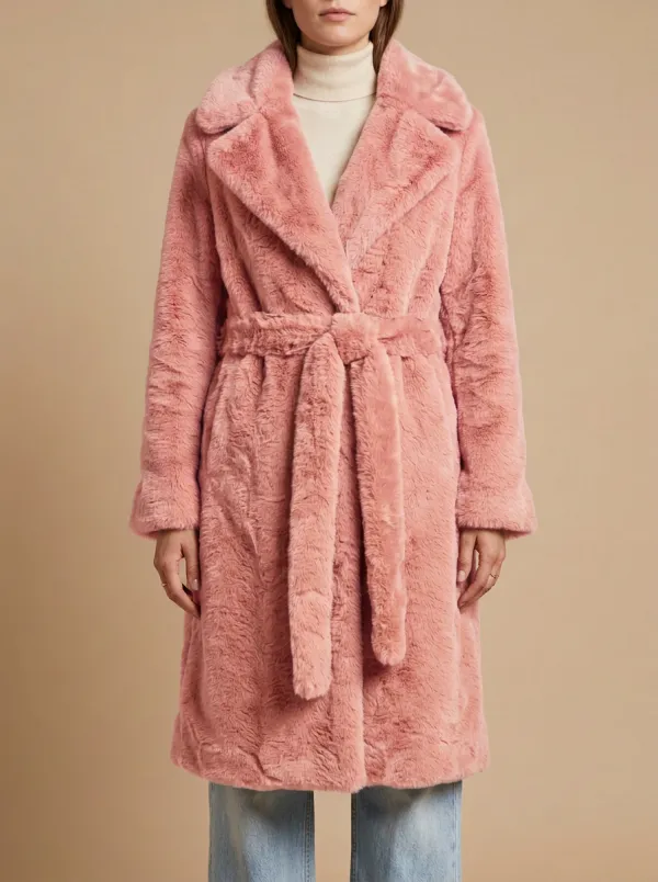 Notched Lapel Solid Faux Fur Belted Coat