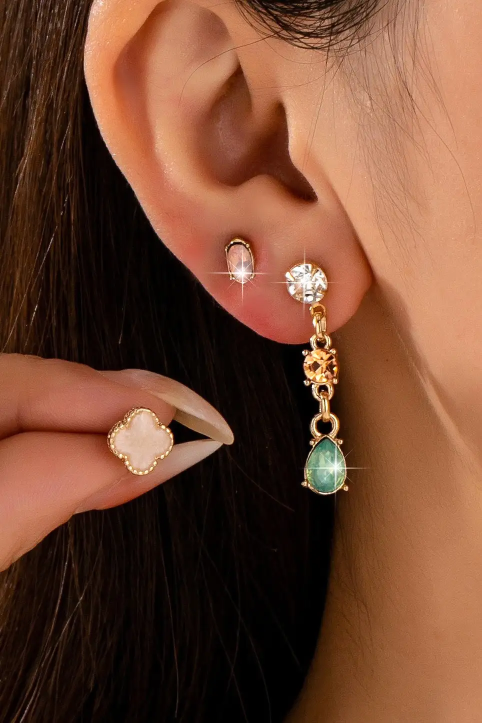 Mixed Clover Rhinestone Stud Drop